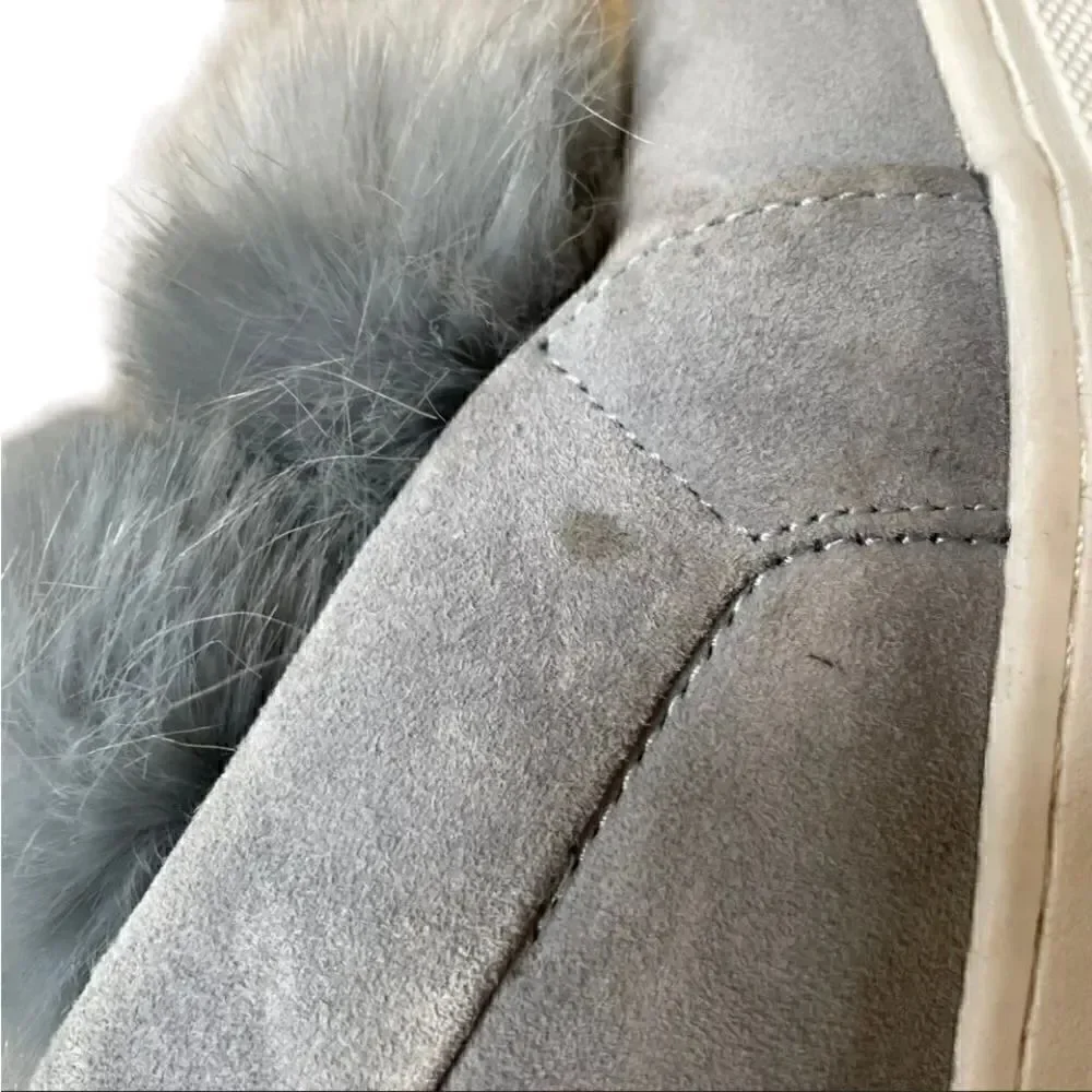 Steve Madden Bryanne Fluff Ball Platform Slip On Sneakers, Grey Multi Suede  9